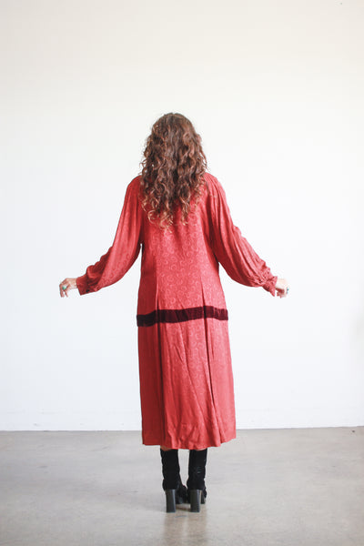 1930s Deep Red Crepe Damask Long Sleeve Dress