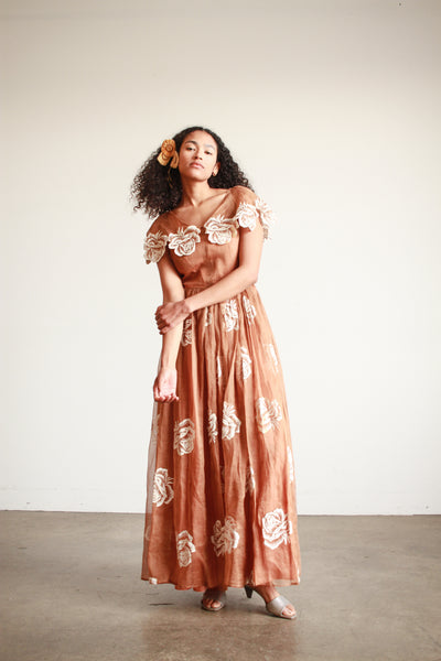 1950s Bronze Shawl Collar Rose Motif Gown