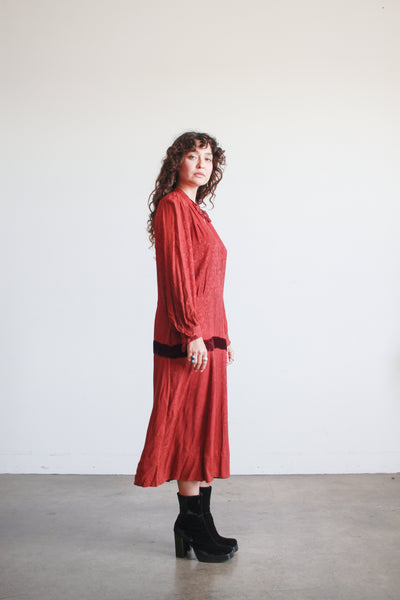 1930s Deep Red Crepe Damask Long Sleeve Dress