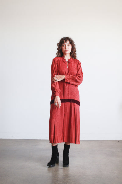 1930s Deep Red Crepe Damask Long Sleeve Dress