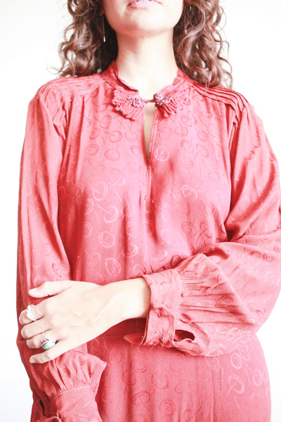 1930s Deep Red Crepe Damask Long Sleeve Dress