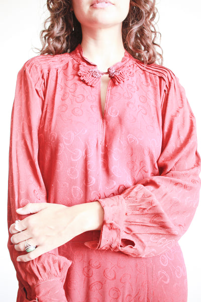 1930s Deep Red Crepe Damask Long Sleeve Dress