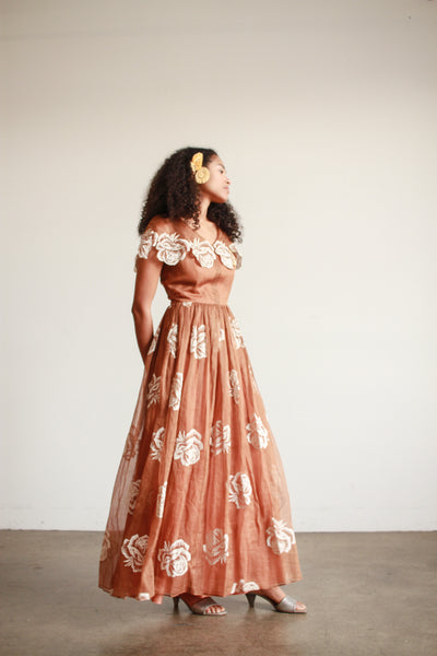 1950s Bronze Shawl Collar Rose Motif Gown