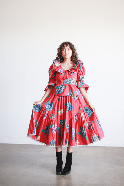 1980s Bis Bis Red Floral Print Skirt Set