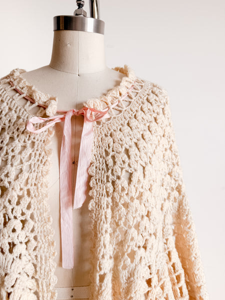 1950s Beige Knit Crochet Poncho