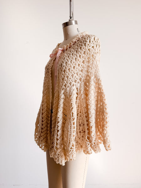 1950s Beige Knit Crochet Poncho