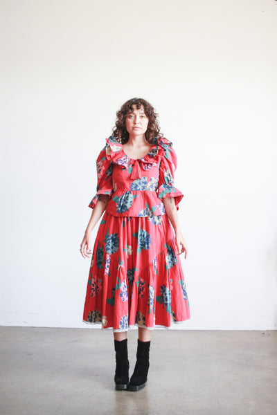 1980s Bis Bis Red Floral Print Skirt Set