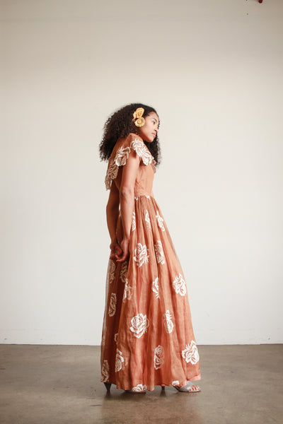 1950s Bronze Shawl Collar Rose Motif Gown