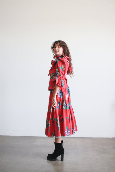 1980s Bis Bis Red Floral Print Skirt Set