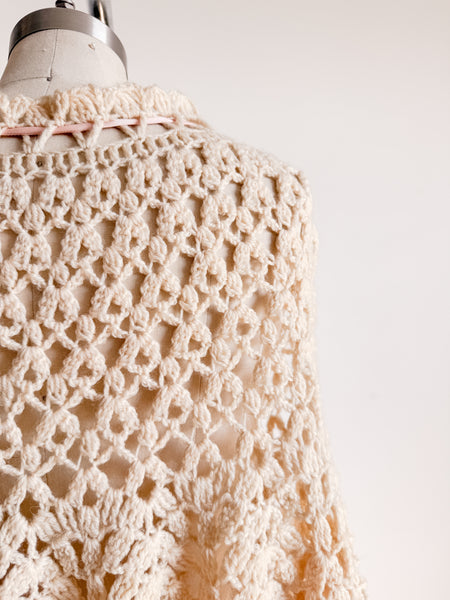 1950s Beige Knit Crochet Poncho