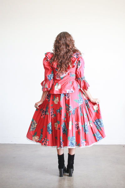 1980s Bis Bis Red Floral Print Skirt Set