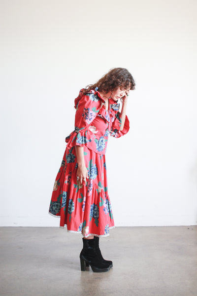 1980s Bis Bis Red Floral Print Skirt Set