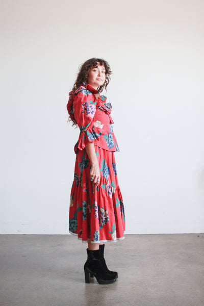 1980s Bis Bis Red Floral Print Skirt Set