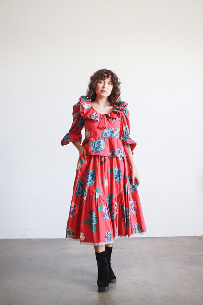 1980s Bis Bis Red Floral Print Skirt Set