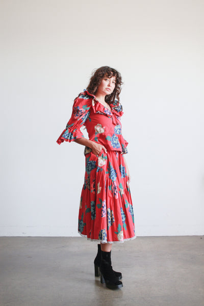 1980s Bis Bis Red Floral Print Skirt Set