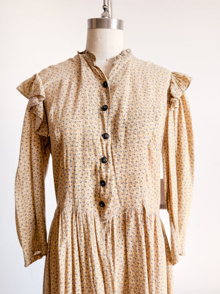 Antique Calico Yellow Print Long Sleeve Dress