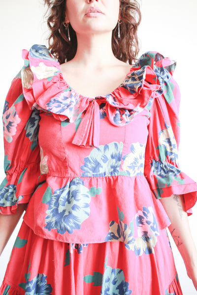 1980s Bis Bis Red Floral Print Skirt Set