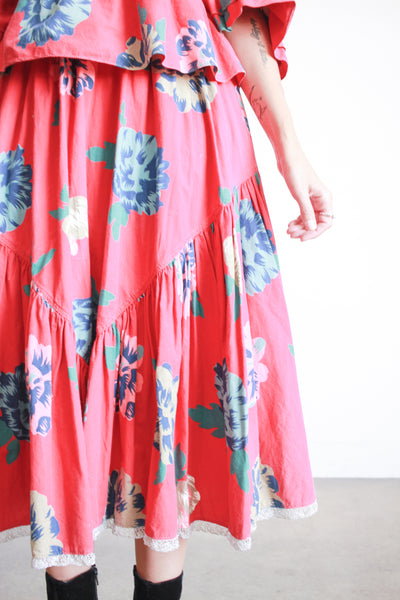 1980s Bis Bis Red Floral Print Skirt Set