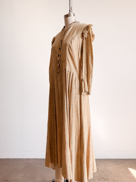 Antique Calico Yellow Print Long Sleeve Dress