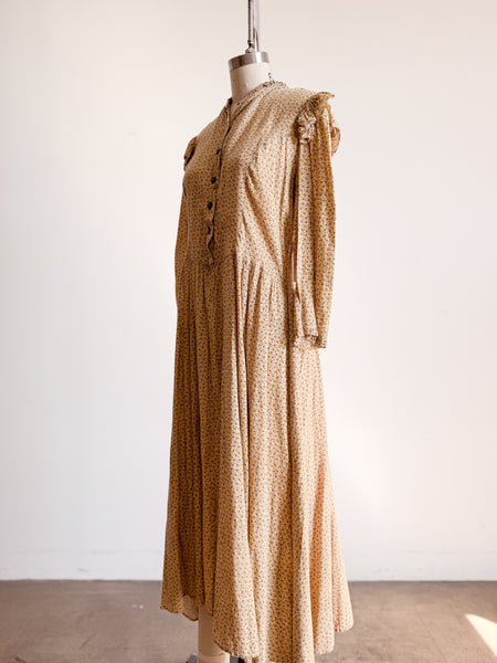 Antique Calico Yellow Print Long Sleeve Dress