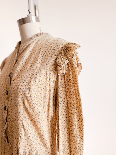 Antique Calico Yellow Print Long Sleeve Dress