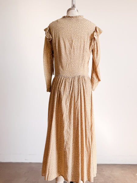 Antique Calico Yellow Print Long Sleeve Dress