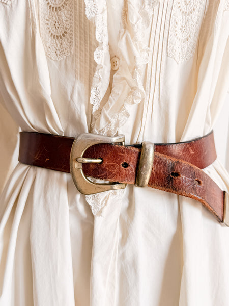 1960s Brown Leather Brass Buckle Belt