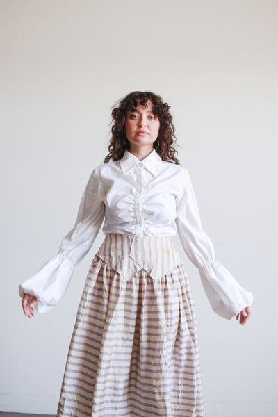 1990s White Cotton Smock Button Up Blouse