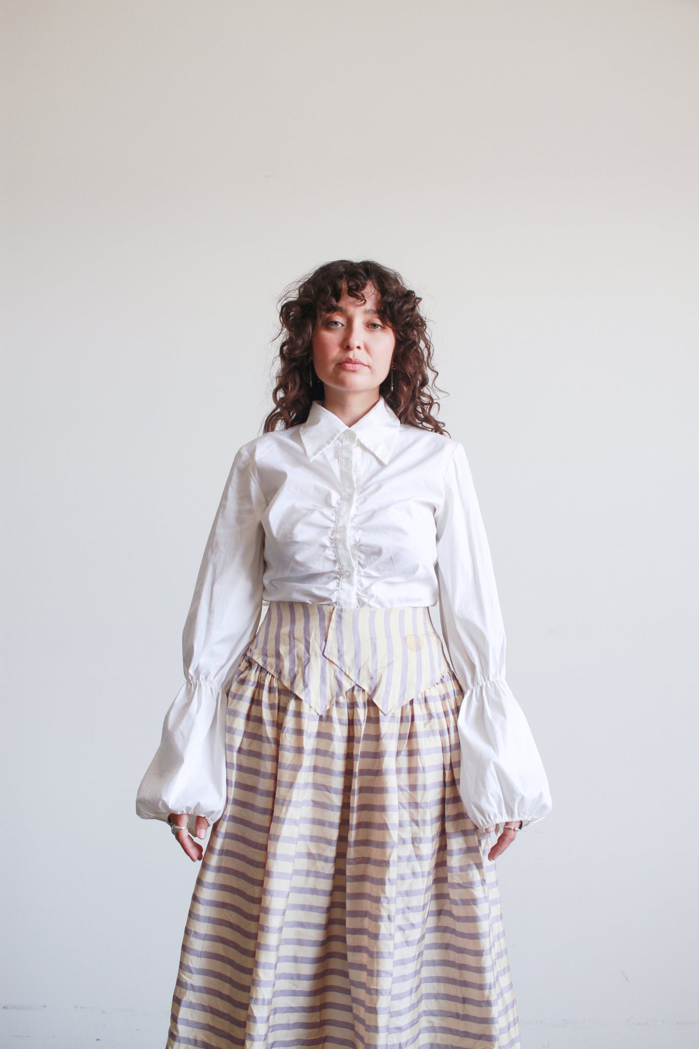 1990s White Cotton Smock Button Up Blouse