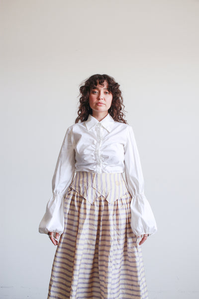 1990s White Cotton Smock Button Up Blouse
