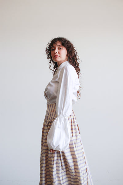 1990s White Cotton Smock Button Up Blouse