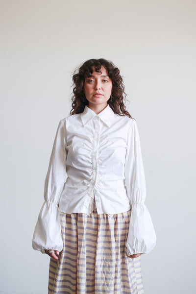 1990s White Cotton Smock Button Up Blouse