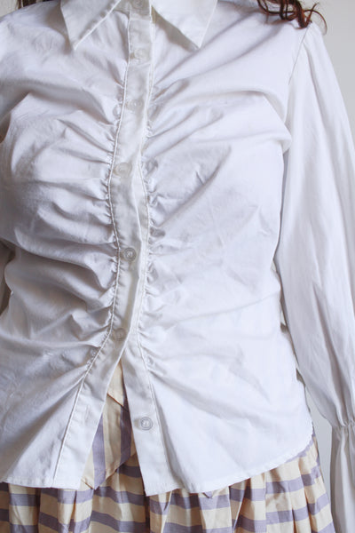 1990s White Cotton Smock Button Up Blouse