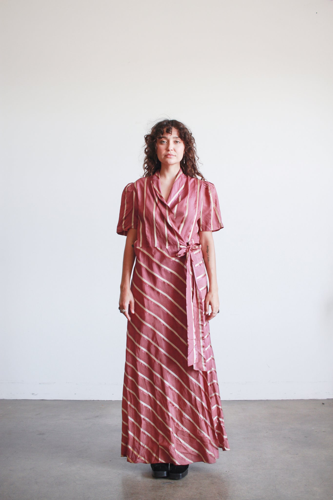 1940s Plum Striped Rayon Wrapping Gown