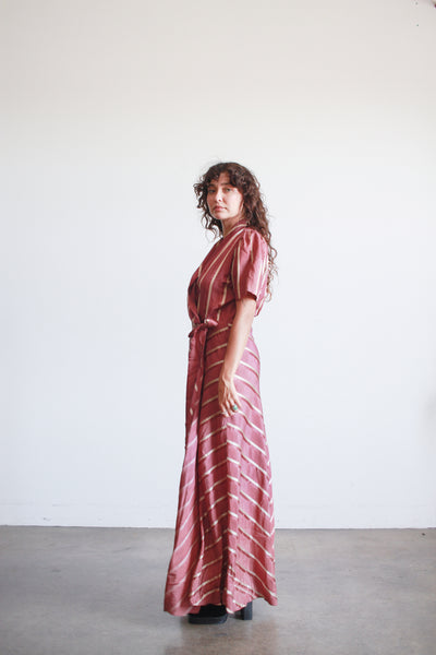 1940s Plum Striped Rayon Wrapping Gown
