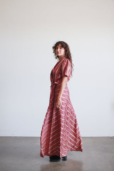 1940s Plum Striped Rayon Wrapping Gown