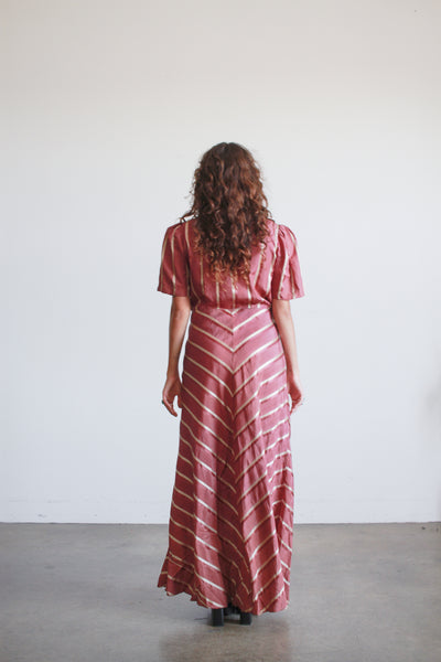 1940s Plum Striped Rayon Wrapping Gown