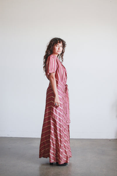 1940s Plum Striped Rayon Wrapping Gown