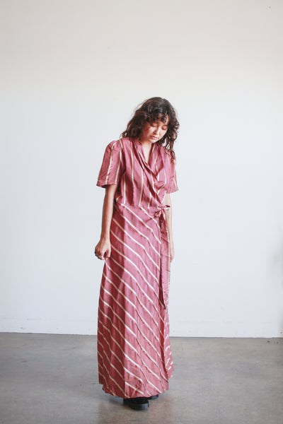 1940s Plum Striped Rayon Wrapping Gown