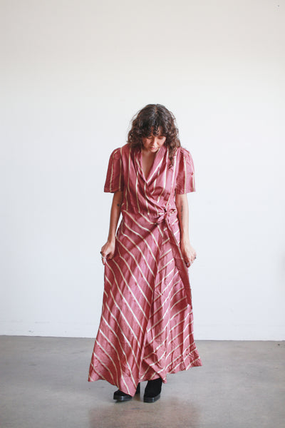 1940s Plum Striped Rayon Wrapping Gown