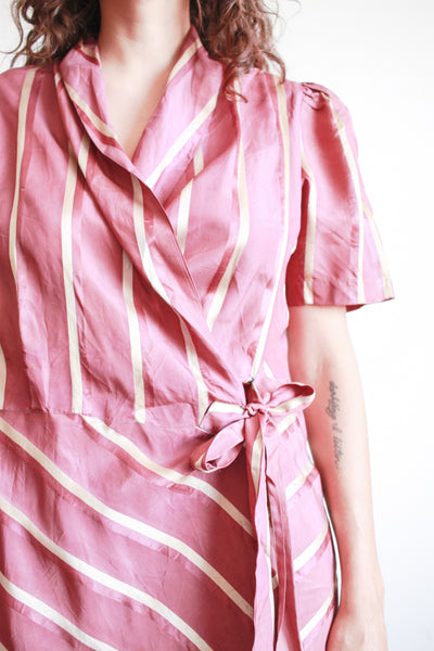 1940s Plum Striped Rayon Wrapping Gown
