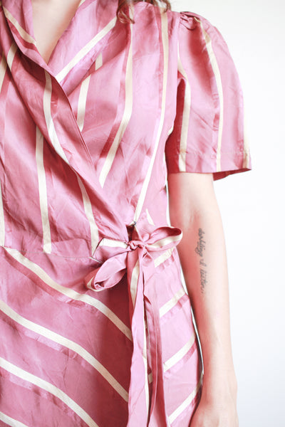1940s Plum Striped Rayon Wrapping Gown