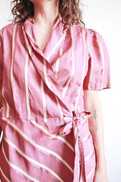 1940s Plum Striped Rayon Wrapping Gown