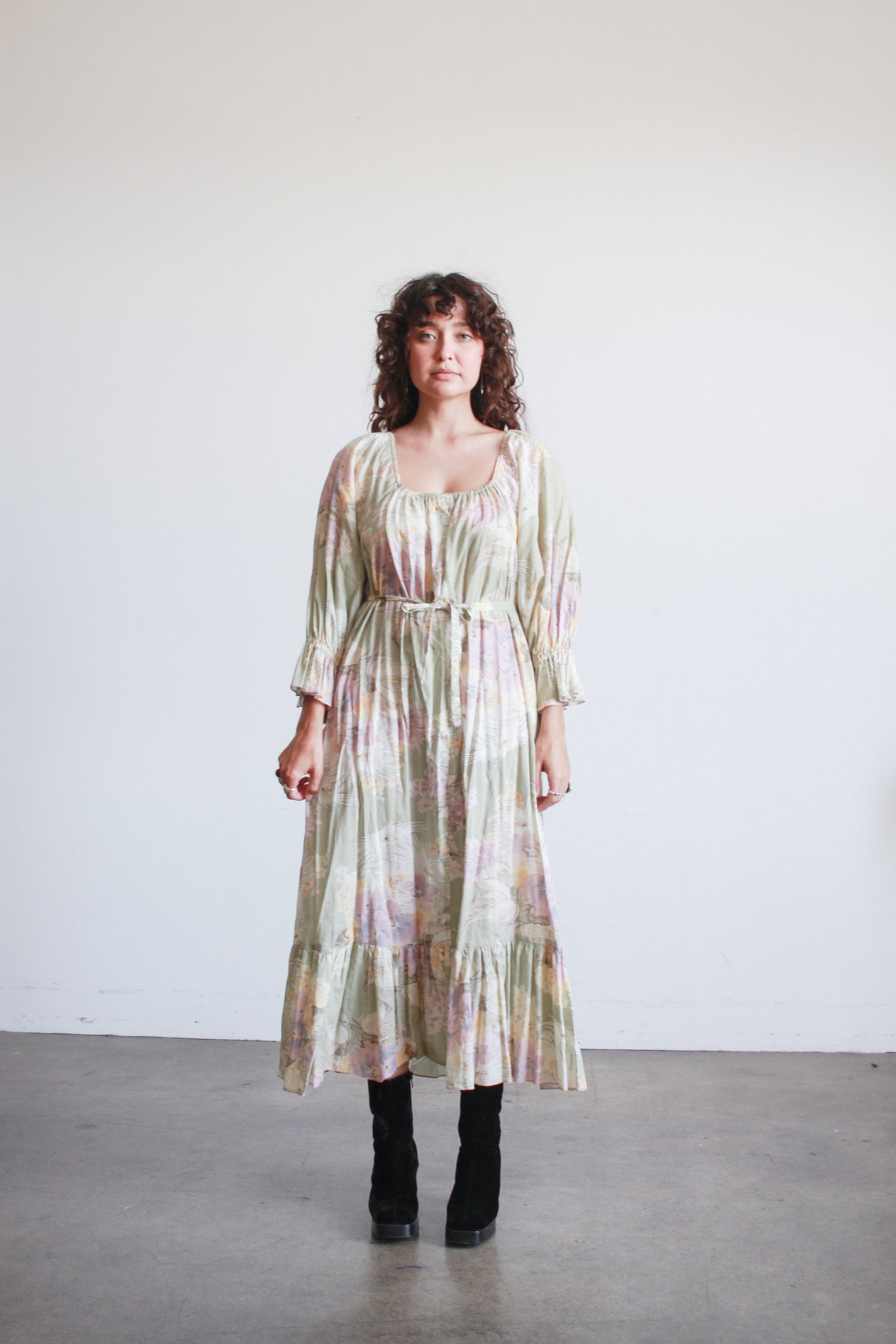 1970s Pistachio Cotton Floral Print Dress