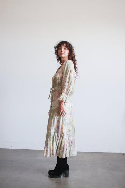 1970s Pistachio Cotton Floral Print Dress