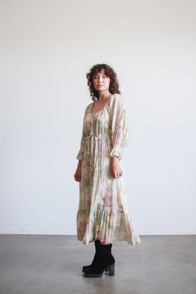 1970s Pistachio Cotton Floral Print Dress