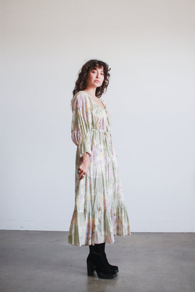 1970s Pistachio Cotton Floral Print Dress