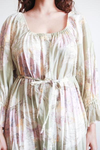 1970s Pistachio Cotton Floral Print Dress