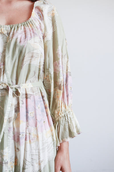 1970s Pistachio Cotton Floral Print Dress