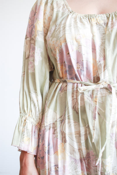 1970s Pistachio Cotton Floral Print Dress